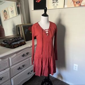 Rust Colored, Chest Corset Tie, Tunic Style Midi Dress